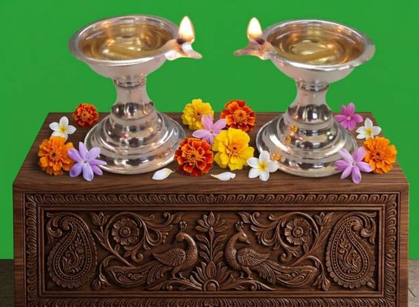 SujArta SujArta Diya / Deepam Set, Premium 2 SMALL Single Batti Neelajan / Nilaanjan Set Silver Plated (Pack of 2) Table Diya Set
