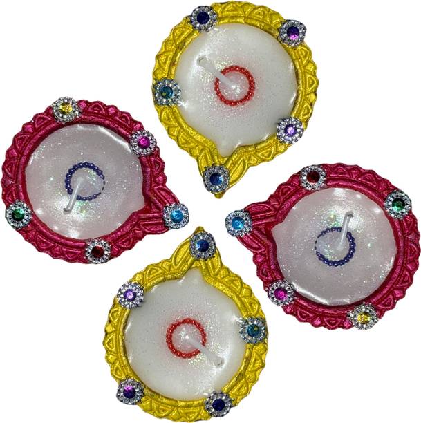 Privana Collections Decorative Wax Diya Lamps – Ideal for Diwali, Pooja & Rangoli Decor Earthenware (Pack of 4) Table Diya Set