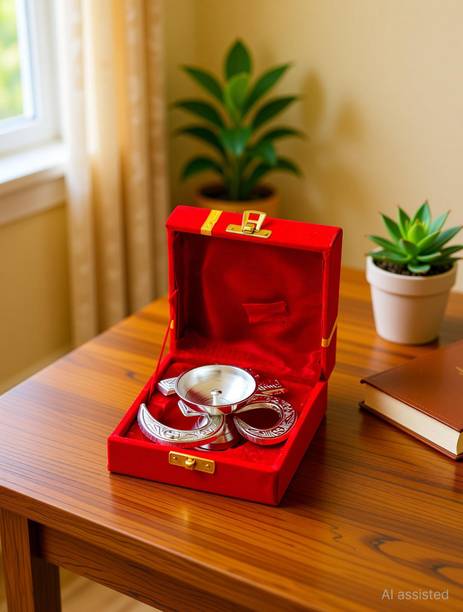 WEBELKART Om Silver Akhand Diya with Velvet Box for Pooja Decor | Diya for Diwali| Aluminium, Glass Table Diya