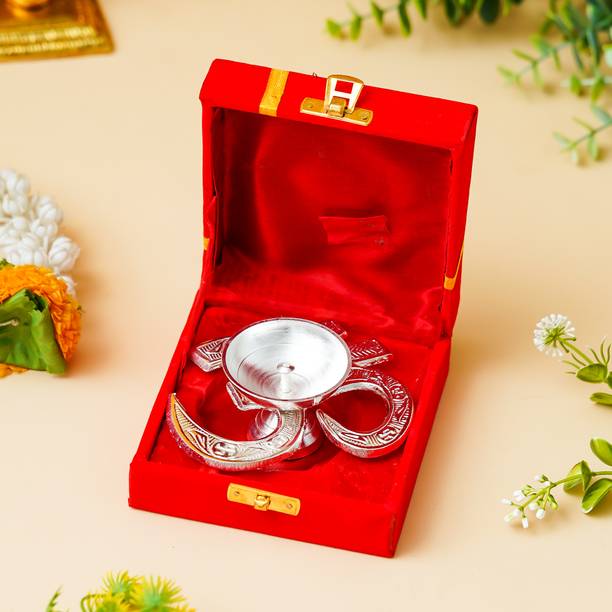 WEBELKART Om Silver Akhand Diya with Velvet Box for Pooja Decor | Diya for Diwali| Aluminium, Glass Table Diya