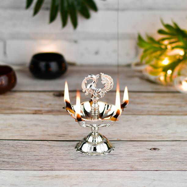 T-KA108 German silver peacock design diya with 4" stand, shiny finish. Brass Table Diya