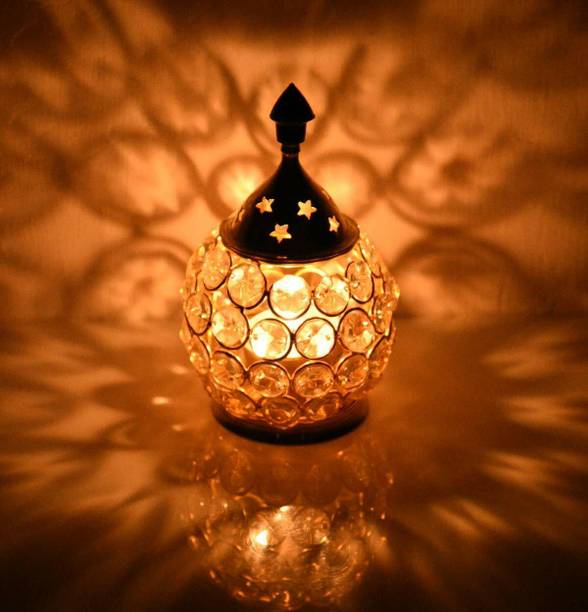 Collectible India Crystal Akhand Diya Glass Oil Lamp deepak Brass, Crystal Table Diya
