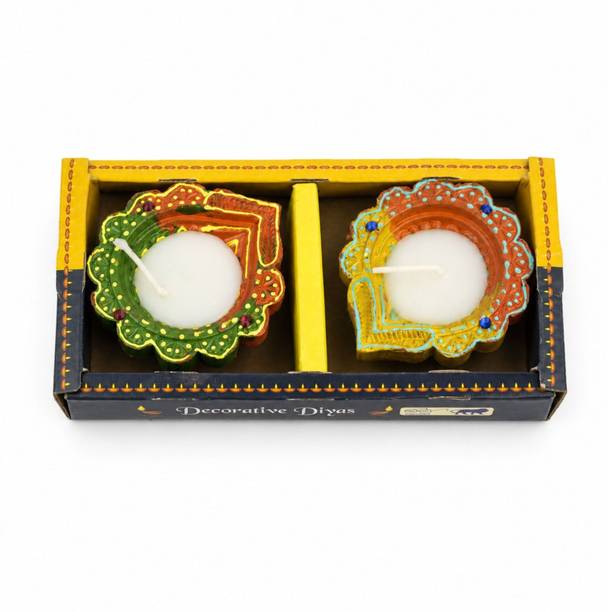 hinduportal HinduPortal Hand-Painted Clay Decorative Diya with Wax Candle, Pack of 2 Pottery (Pack of 2) Table Diya Set