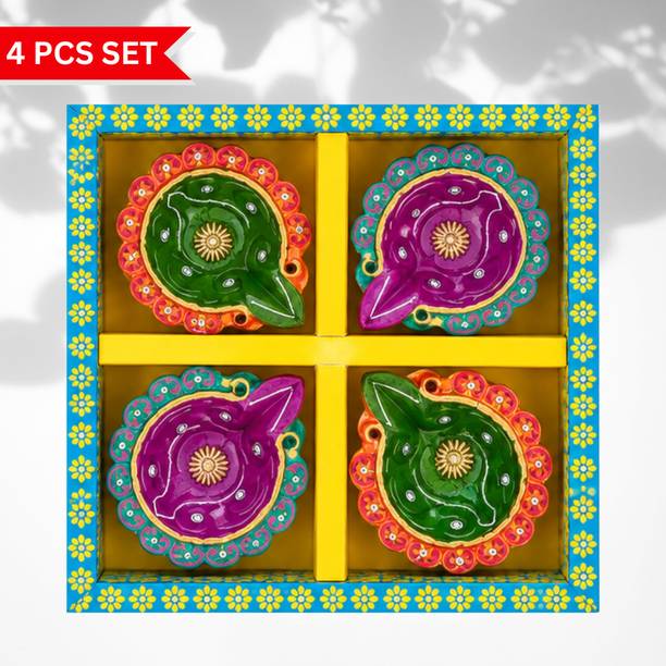 SEE INSIDE Indian Heritage Style Ceramic, Pottery (Pack of 4) Table Diya Set