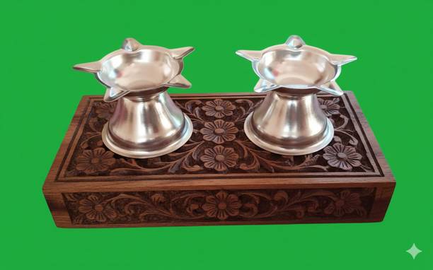 SujArta Diya / Deepa / Deepam Set, Premium Star Neelajan Set for Pooja Aarti, Silver Plated (Pack of 2) Table Diya Set