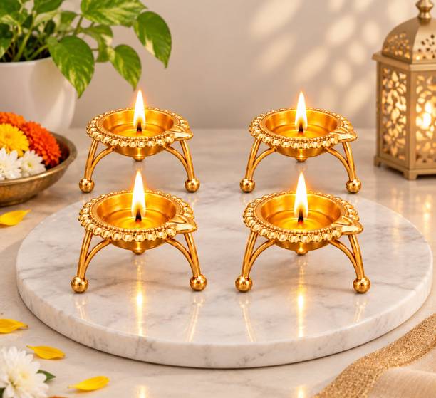 ASDM Golden Metal Diya Candle Holder Set for Diwali Pooja Home Table Decor Iron (Pack of 4) Table Diya Set