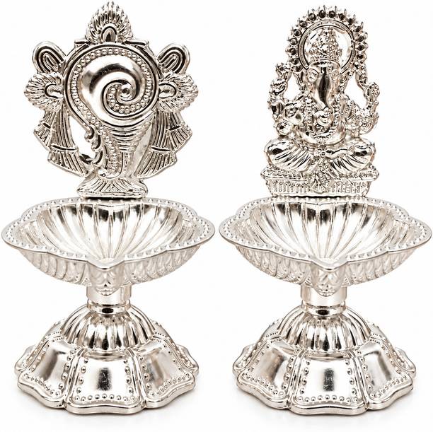 Daily Bhagavatam German Silver Sankha & Ganesh Diya Stand Pair for Home Mandir Silver Plated (Pack of 2) Table Diya