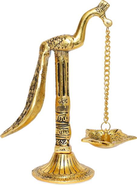Chhariya Crafts Metal 5 Face Diya Peacock Hanging Deepak For Home And Office Temple Aluminium Table Diya