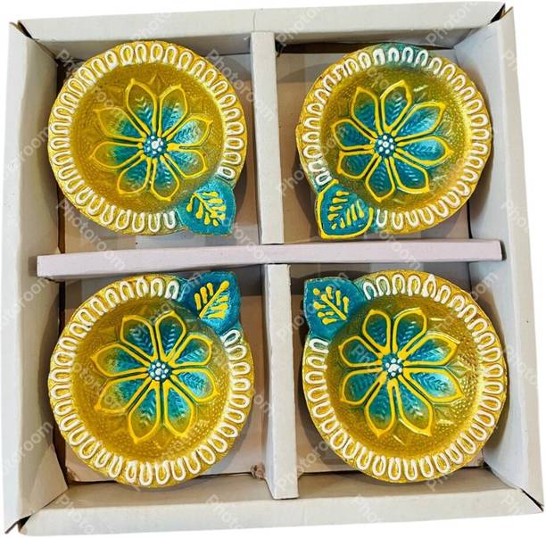 RakeshClayArts Hand-Painted Diya | Decorative Clay Oil Lamps for Puja Decor Terracotta (Pack of 4) Table Diya Set