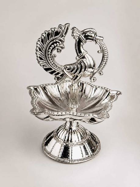 impexofsaguna Elegant German Silver Peacock Diya Steel Table Diya