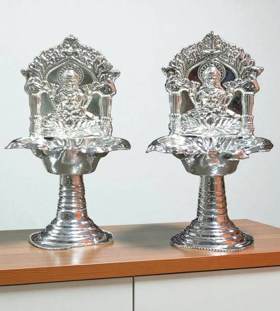 Sigaram 5 Inch Silver Plated Kamakshi Deepa for Home, Temple Pooja Decor K4842 Silver Plated (Pack of 2) Table Diya Set