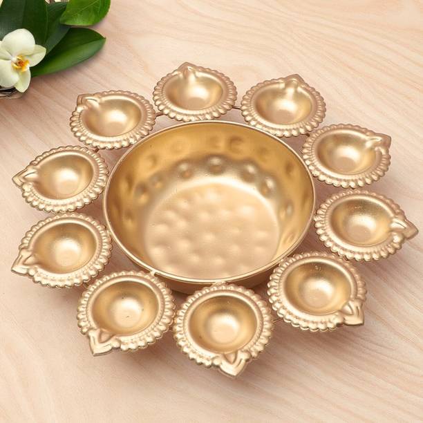 Festivbliss Golden Metal Urli Bowl for Diwali Decoration Floating Flower Bowl 10 Diyas Iron Table Diya Set
