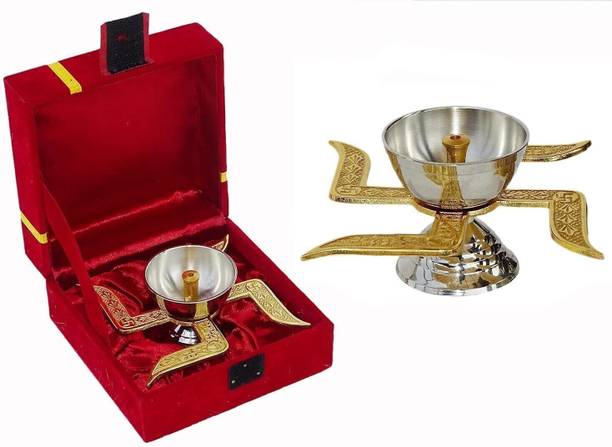 Hi Retails Brass Swastik Shape Diya Religious Antique with Velvet Box for Temple Pooja Brass Table Diya