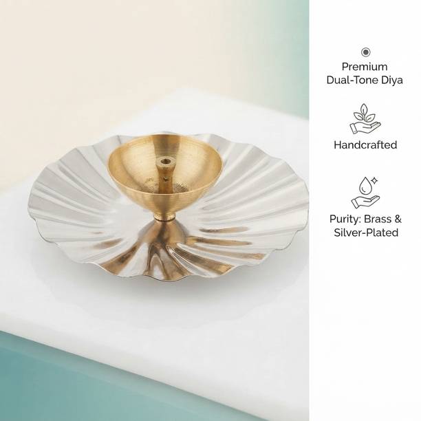 divinevisions Diya Festive Special Brass Oil Diya with Silver Tone Plate Base Aluminium, Brass Table Diya