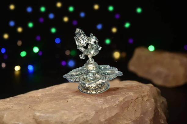 Solino Metal Lotus Shaped Peacock Diya, 5 Oil Wick Diya Deepam Kuthu Vilakku Deepak Aluminium Table Diya