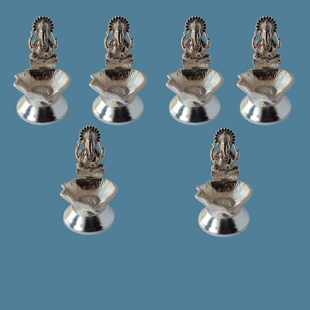 Anantamitra Return Gifts for Women Ganesh Diya/Deepam Pack of 6 Silver Plated (Pack of 6) Table Diya