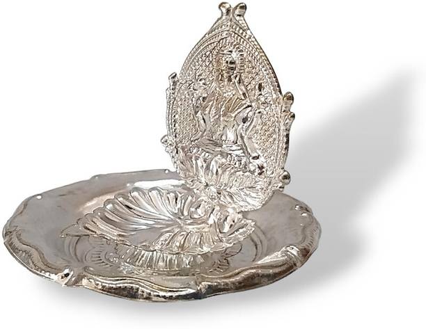 BRASS BLESSING Silver Plated Festival Collection Lotus Lakshmi Deepam Vilakku Diya Lamp (1238) Gold Plated Table Diya