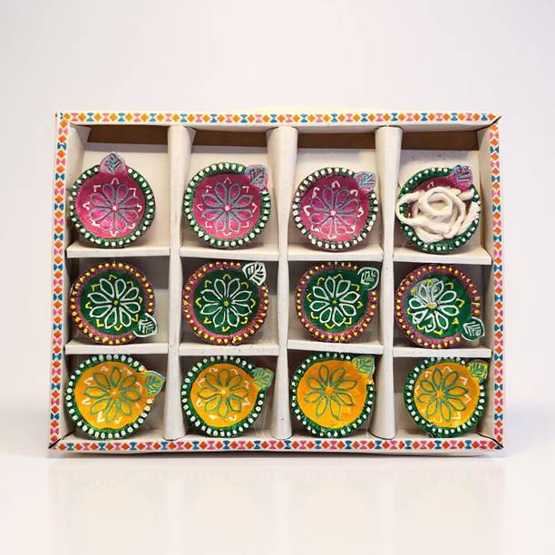 AAVITHOMES Hand-Painted Clay Diya Set of 12 | Traditional Indian Festive Decoration Terracotta (Pack of 12) Table Diya Set