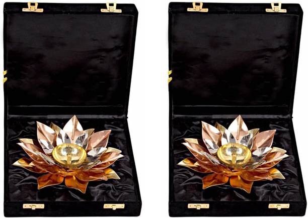 IndianArtVilla Silver Gold Copper Plated Diya, Lotus Design Silver Plated (Pack of 2) Table Diya Set