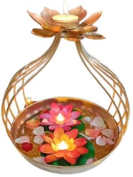 Shiv overseas Lotus Metal Tealight Holder with Floating Flower Bowl Decorative Iron Table Diya