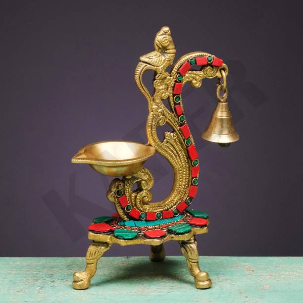 KAPER Stonework Peacock Design Antique Oil Lamp with Bell Traditional Puja Articles Brass Table Diya