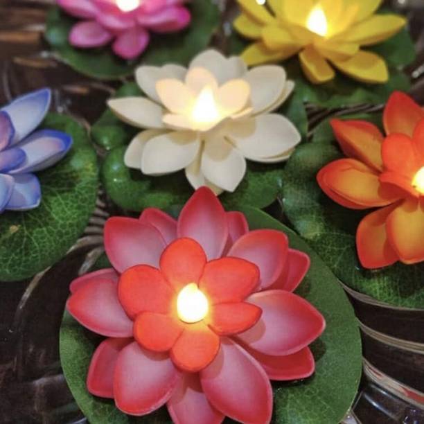 GVJ TRADERS Water Sensor diya | Decorative Lotus Design diyas for Diwali, Sensor Tea Light Plastic (Pack of 6) Table Diya Set