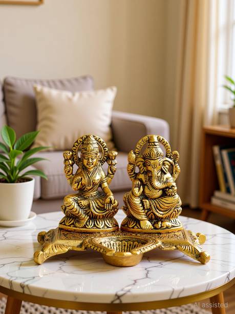 Hardik Handicraft Lakshmi Ganesha with Diya Statue Idol Murti in Metal Decorative Showpiece - 20 cm (Metal, Gold) Brass Table Diya