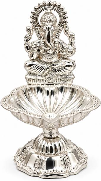 Daily Bhagavatam Decorative German Silver Ganesh Diya Stand for Pooja, Home Temple & Festive Silver Plated Table Diya