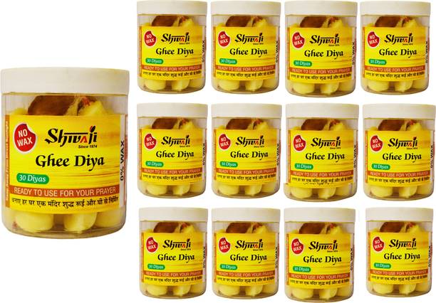 Shivaji Ghee Diya (0% Wax) 30 Pcs in A Pack, Total 13 Pack (390 Diyas), Free Mitti Diya Cotton (Pack of 13) Table Diya