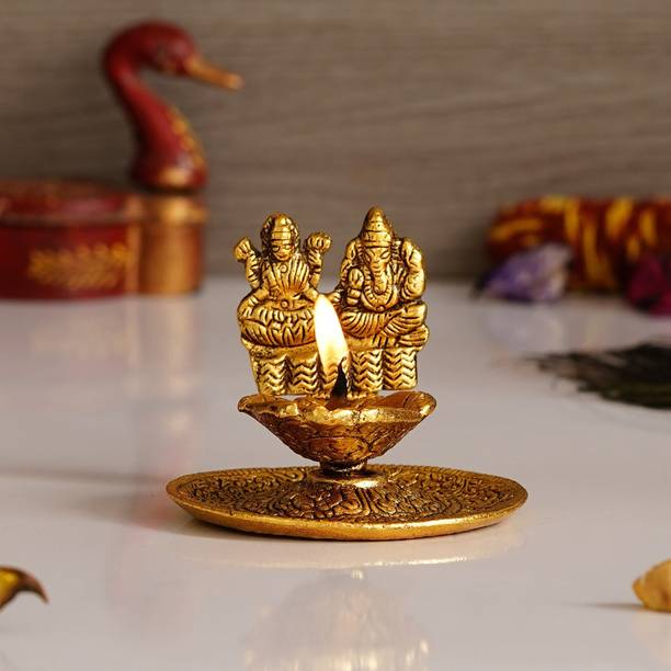 eCraftIndia Goddess Laxmi & Lord Ganesha Golden Metal Diya Aluminium Table Diya