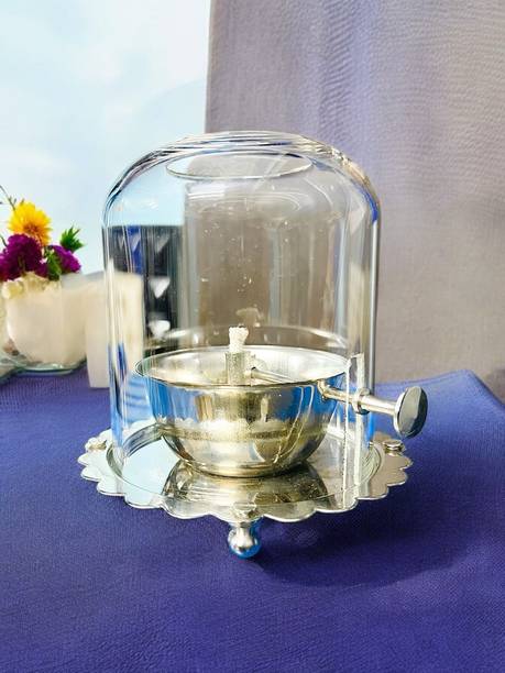 Grehshobha Durable Silver-Plated Akhand Jyot with Borosilicate Glass | 120 ml Oil Capacity Brass Table Diya Set