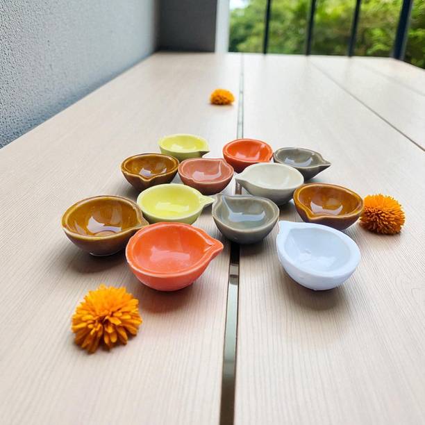 Malaikah Multicolor With Solid Handpainted Diyas Pack Of 12 Ceramic (Pack of 12) Table Diya