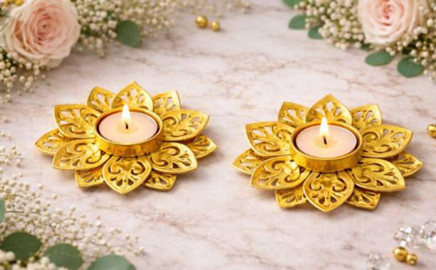 F RIQA METALS Candle-Holder-Gold 2 pcs Iron (Pack of 2) Table Diya Set
