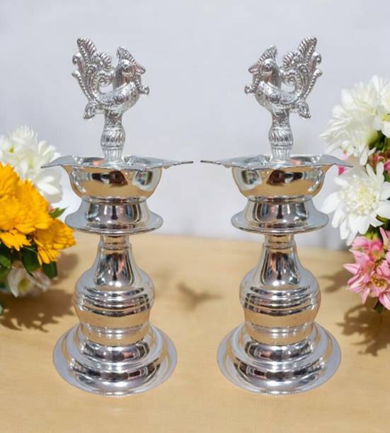 Sigaram 7X3 Inch Peacock Diya Made by Pure German Silver For Puja K4132 Silver Plated (Pack of 2) Table Diya Set
