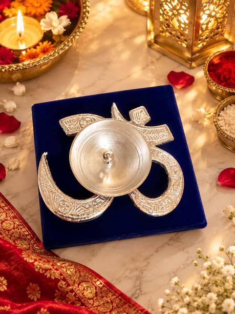 isha herbal store Om Diya With Velvet Box Steel, Silver Plated Table Diya