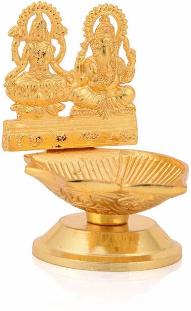 CraftVatika Metal Gold Plated Laxmi Ganesha Sitting Diya Statue Decorative Lakshmi Ganesh Showpiece Oil Lamp Iron Table Diya