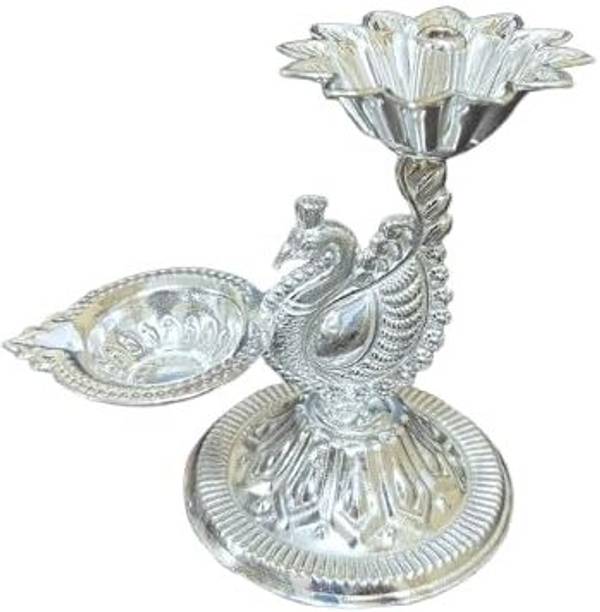 HERITAGE DECOR German Silver Peacock Oil Lamp – 3.75 Inch Samai Style Deepam for Pooja Room Silver Plated Table Diya