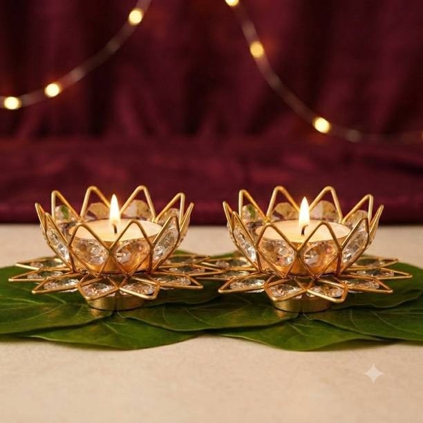SMILES GIFT Pack of 2 Luxury Double Layer Crystal Lotus Diya Gold Brass Metal Holders Aluminium Table Diya