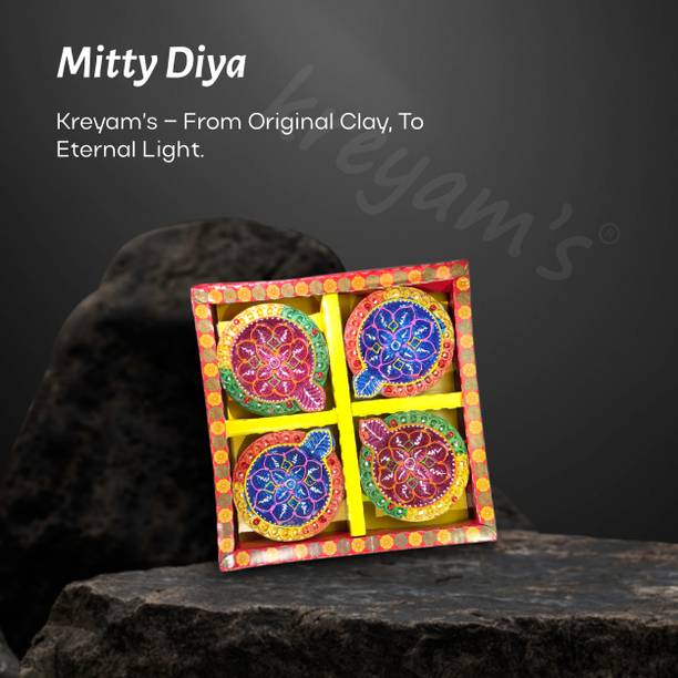 Kreyam's Decorative Diwali Clay Diya Handmade Earthenware (Pack of 4) Table Diya Set