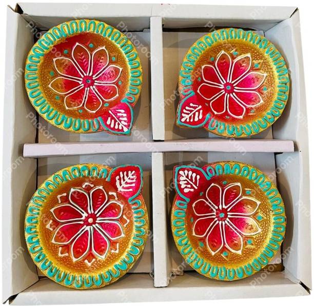 RakeshClayArts Hand-Painted Diya | Decorative Clay Oil Lamps for Puja Decor Terracotta (Pack of 4) Table Diya Set