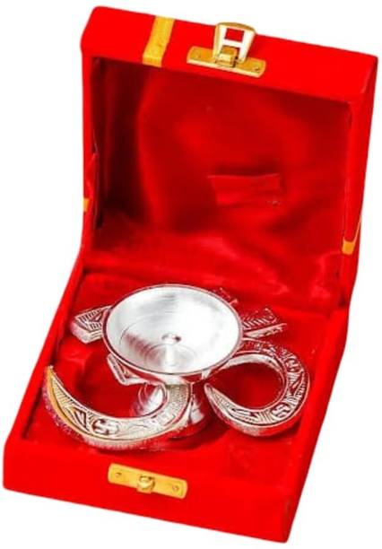 Vinishq Traditional Brass Om Diya | Antique Silver Akhand Diya with Velvet Gift Box Brass Table Diya