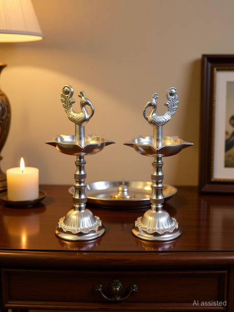 Samukkaras Fashion White Metal Peacock Design Kuthuvilakku set for Home Silver (Pack of 2) Table Diya Set