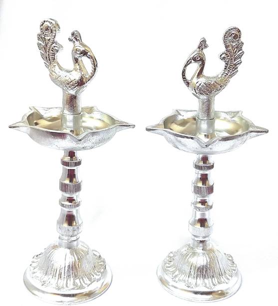 Samukkaras Fashion White Metal Peacock Design Kuthuvilakku set for Home Silver (Pack of 2) Table Diya Set