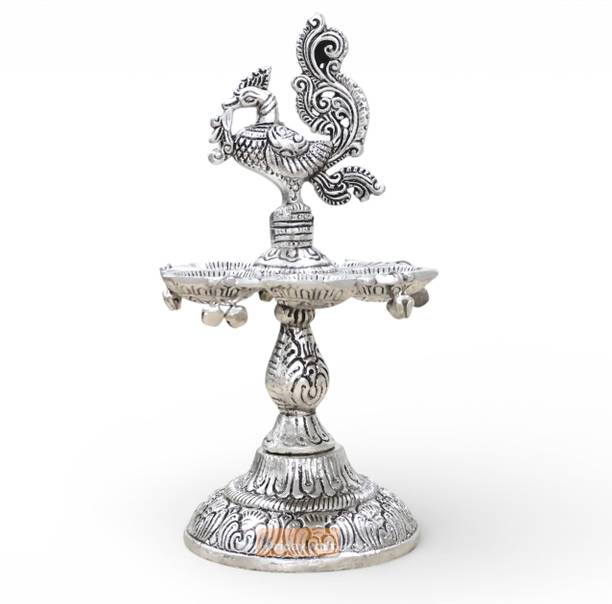 KridayKraft Metal Peacock Diya Samai Oil Lamp, Silver Finish Aluminium Table Diya