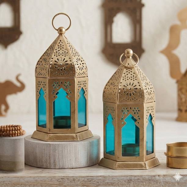 INTERNATIONAL GIFT Metal Iron Lantern Candle Holder Blue Set 2 Aluminium (Pack of 2) Table Diya