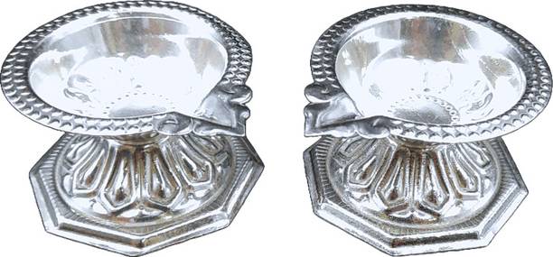 Varalakshmi German silver Diya For Pooja Silver Plated (Pack of 2) Table Diya Set