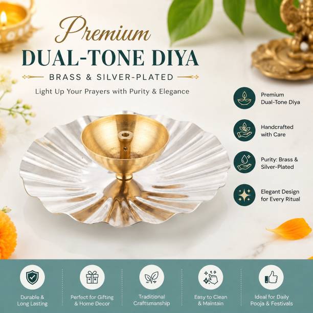divinevisions Dual Tone Silver Finish Brass Pooja Deepak for Temple Home Decor Aluminium, Brass Table Diya