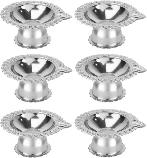 Dynore Stainless Steel Peacock Grace Traditional Diya for Puja, Festivals- Set of 6 Pcs Stainless Steel (Pack of 6) Table Diya Set
