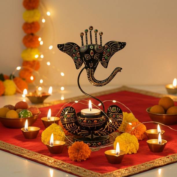Bhavya Art and Craft Metal Handpainted Ganesh T-Light Candle Holder in Black Color Decorative Showpiece  -  27 cm