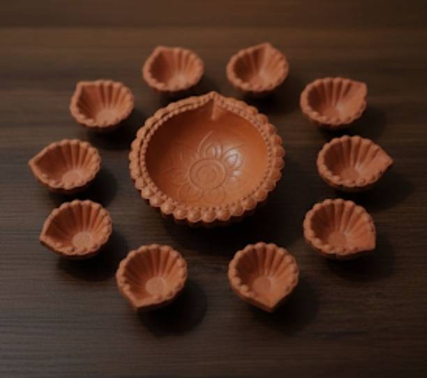 asrana Shubh Deepawali Diya Set / Diya/ Clay diya/ Puja Diyas Earthenware (Pack of 11) Table Diya Set